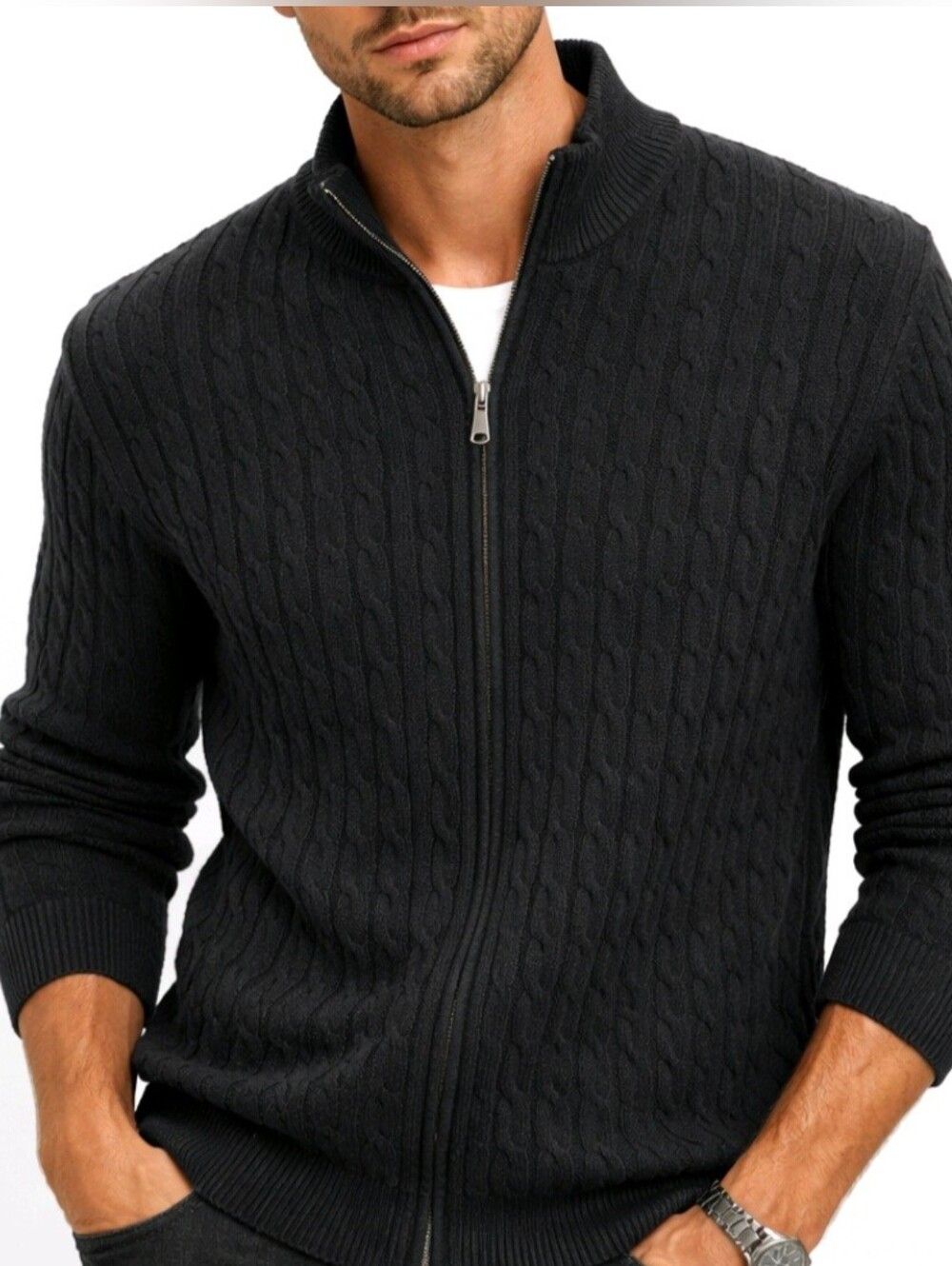 Grant Thomas Sweater Black Cashmere Cable Knit Full Zip Size XXL
